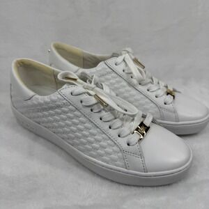 NEW Michael Kors Keaton White Leather Embossed MK Logo Sneakers Gold Hardware 7M